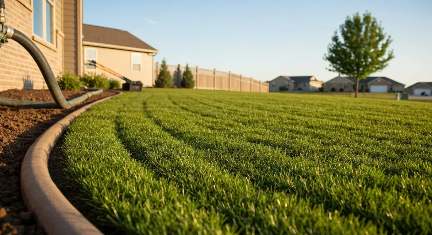 New lawn seeding and mulch installation