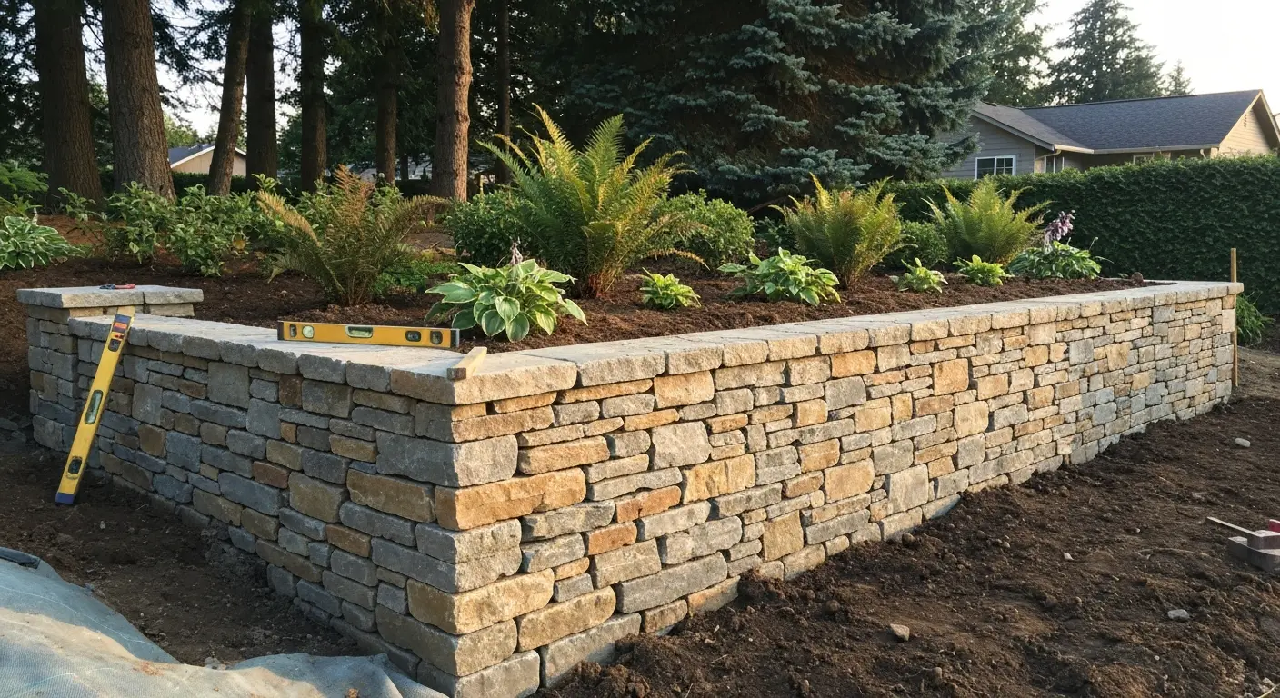Natural stone retaining wall installation