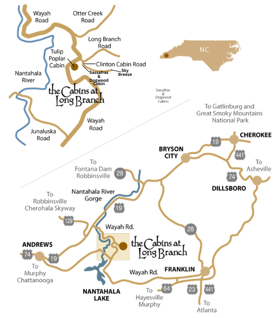 Road map to The Cabins at Long Branch on Wayah Road, Topton NC — showing routes from Andrews, Bryson City, Cherokee, and Franklin