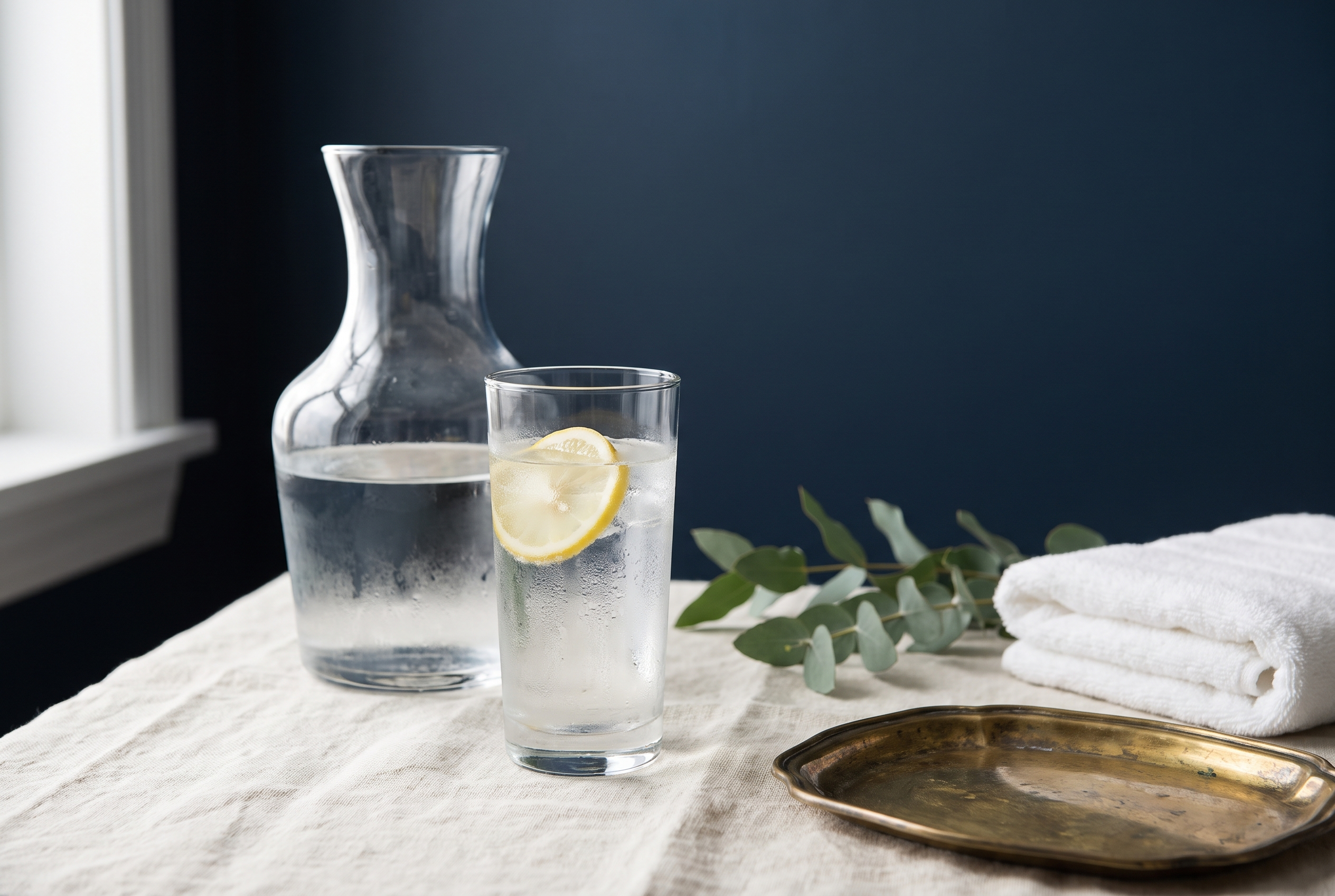 Glass carafe and water with lemon on cream linen, representing hydration support after lymphatic drainage