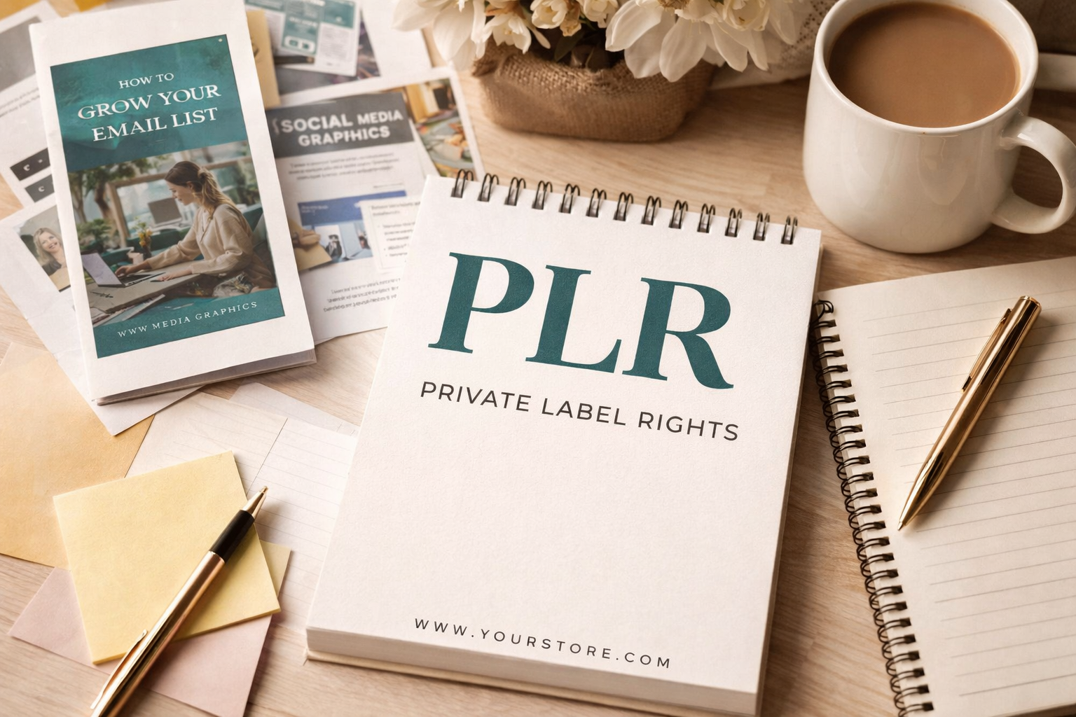 Flat lay of a PLR (Private Label Rights) workbook on a desk with notebooks, coffee, and stationery, representing digital product creation and email marketing