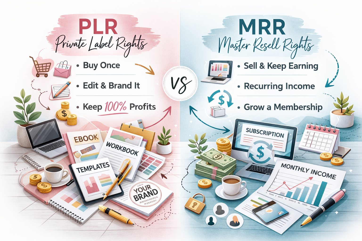 PLR vs MRR explained – comparison of private label rights and master resell rights for digital products and online business