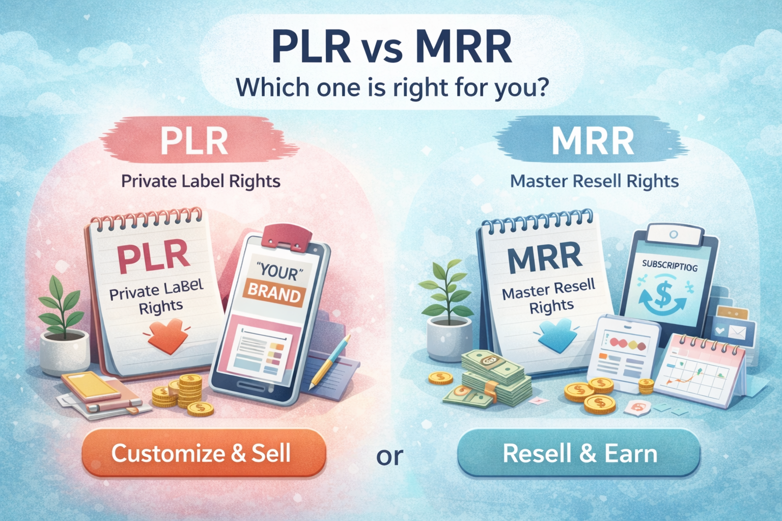 PLR vs MRR comparison showing private label rights and master resell rights with options to customise and sell or resell and earn digital products