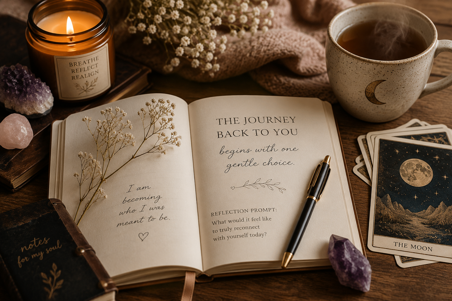 Woman journaling by candlelight while reconnecting with herself through reflection and self-discovery