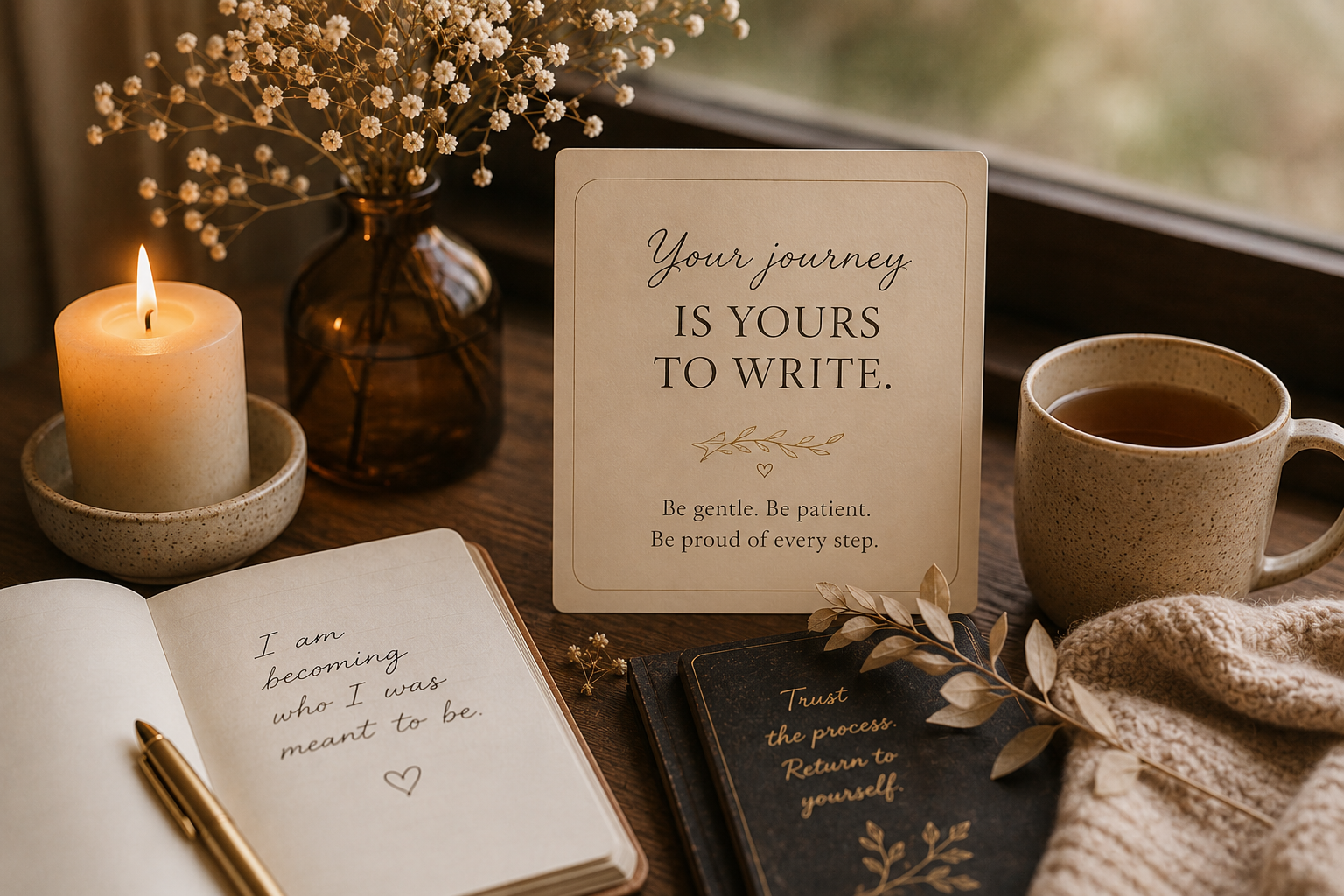 Journal, candle, tea, and inspirational affirmation card on a wooden desk representing healing, self-trust, and personal transformation