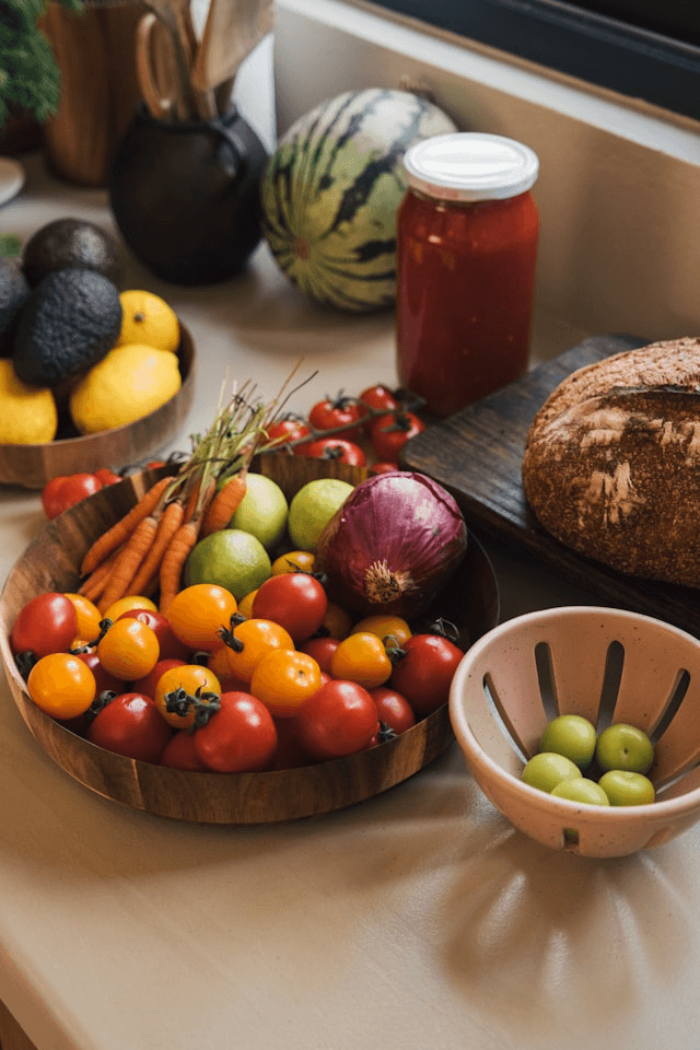 Colorful whole foods on a kitchen counter — cherry tomatoes, carrots, avocados, lemon, and olives — illustrating a food-first strategy for addressing nutrient deficiencies in MS fatigue