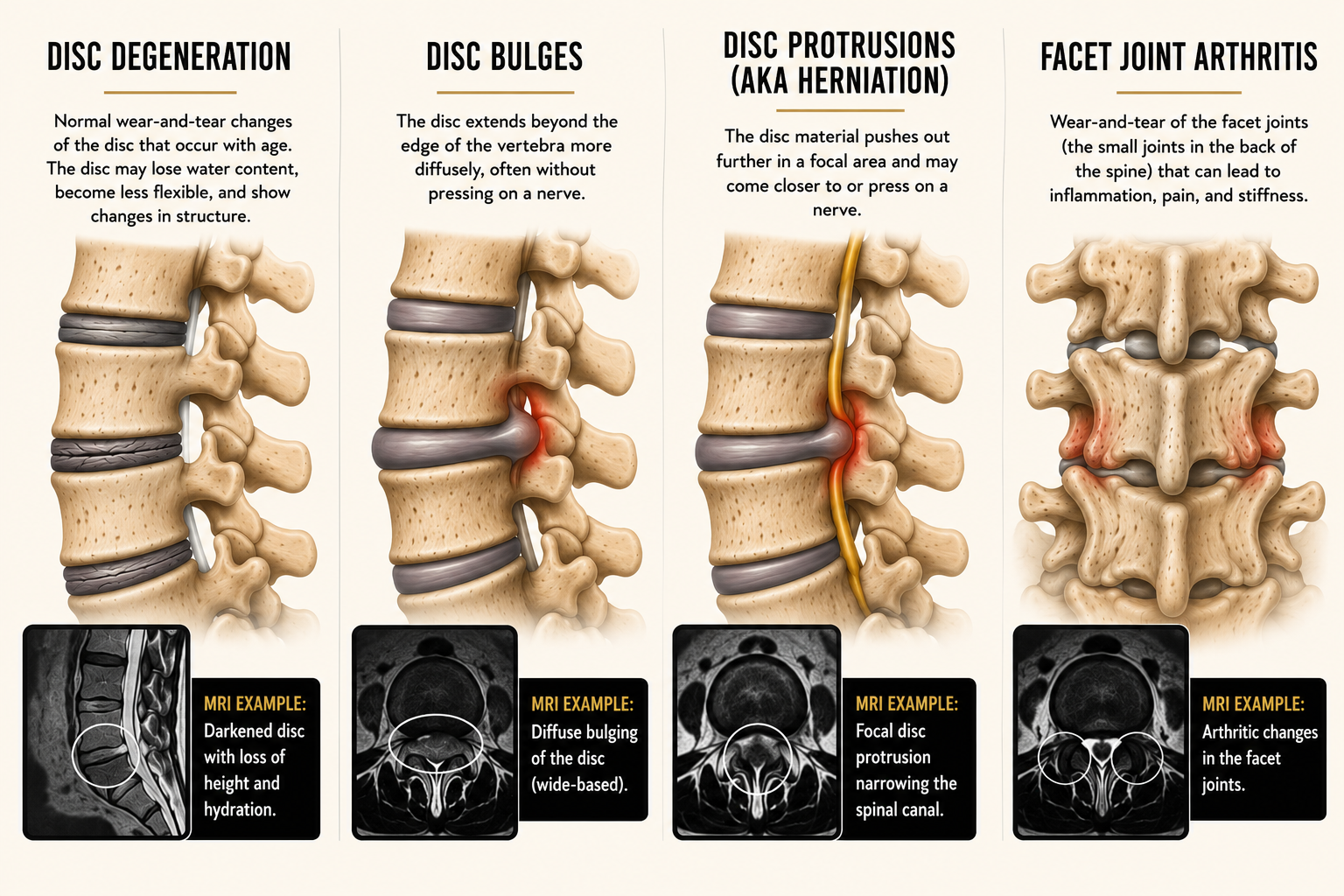 Lumbar spine illustration showing common MRI findings including disc degeneration, disc bulges, disc herniation (disc protrusion), and facet joint arthritis associated with low back pain and normal aging.