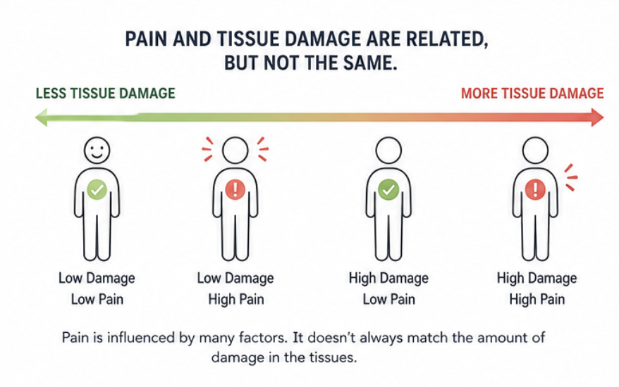Infographic demonstrating that pain and tissue damage are related but not always proportional, illustrating that people can experience different levels of pain despite similar injuries. Infographic demonstrating that pain and tissue damage are related but not always proportional, illustrating that people can experience different levels of pain despite similar injuries.