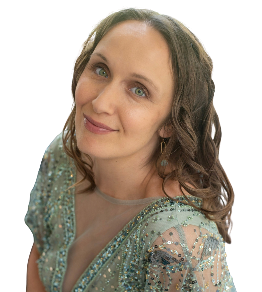 Cailin McDuff smiling in a sparkly sage green dress