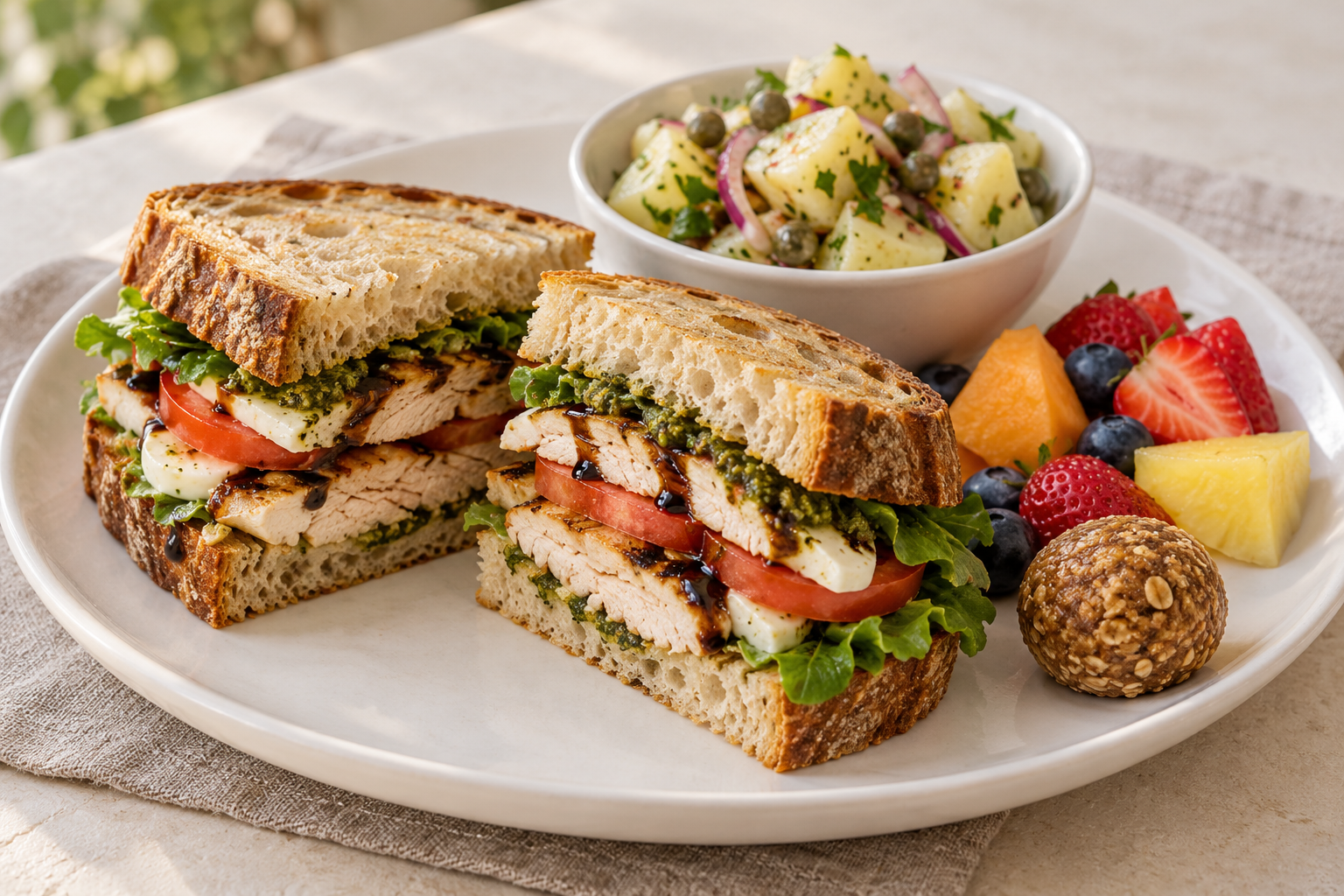 Illustrative chicken pesto caprese sandwich lunch with potato salad, fruit and a peanut butter protein ball