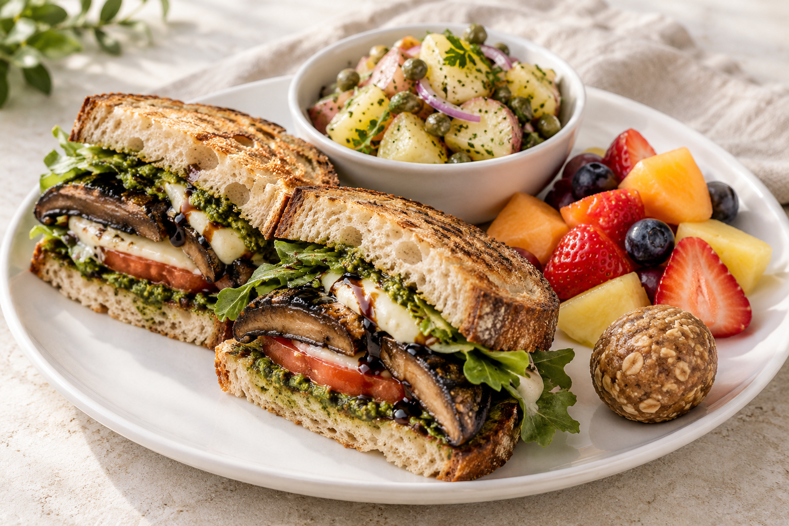 Illustrative vegetarian portobello caprese sandwich lunch with potato salad, fruit and a peanut butter protein ball