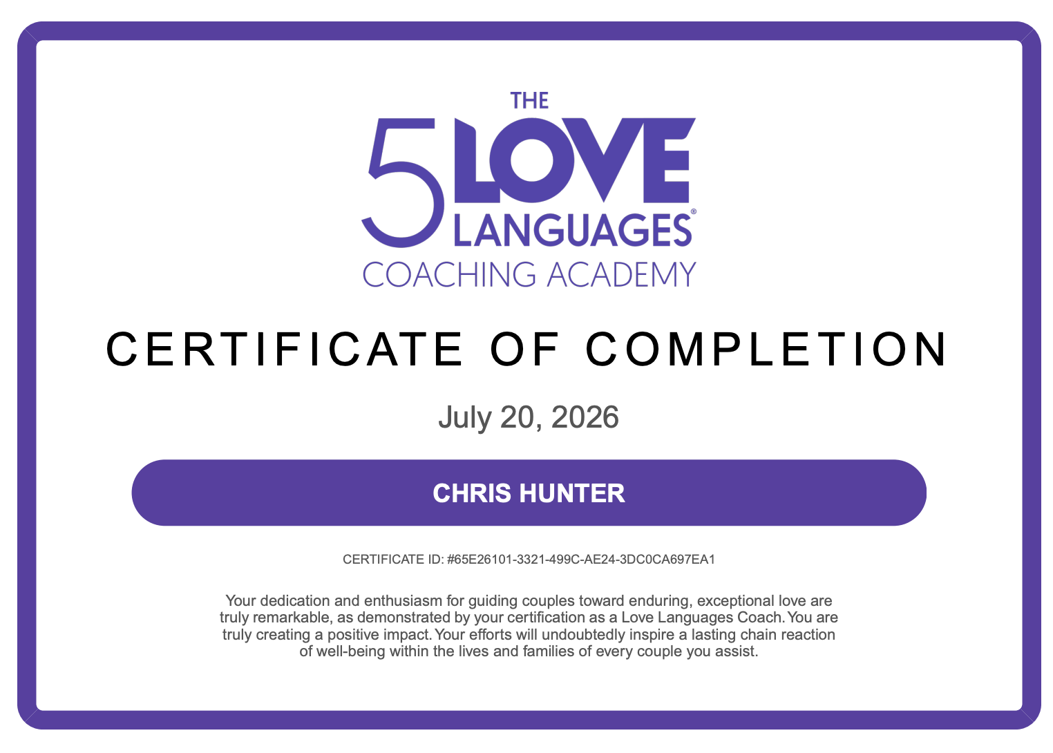 Chris Hunter, Certified 5 Love Languages Coach accreditation