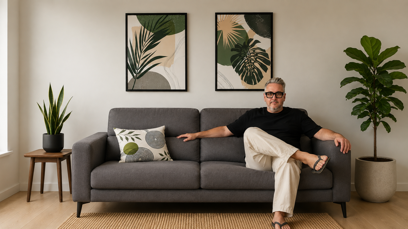 Chris Hunter relaxing on a modern sofa, looking directly at the camera
