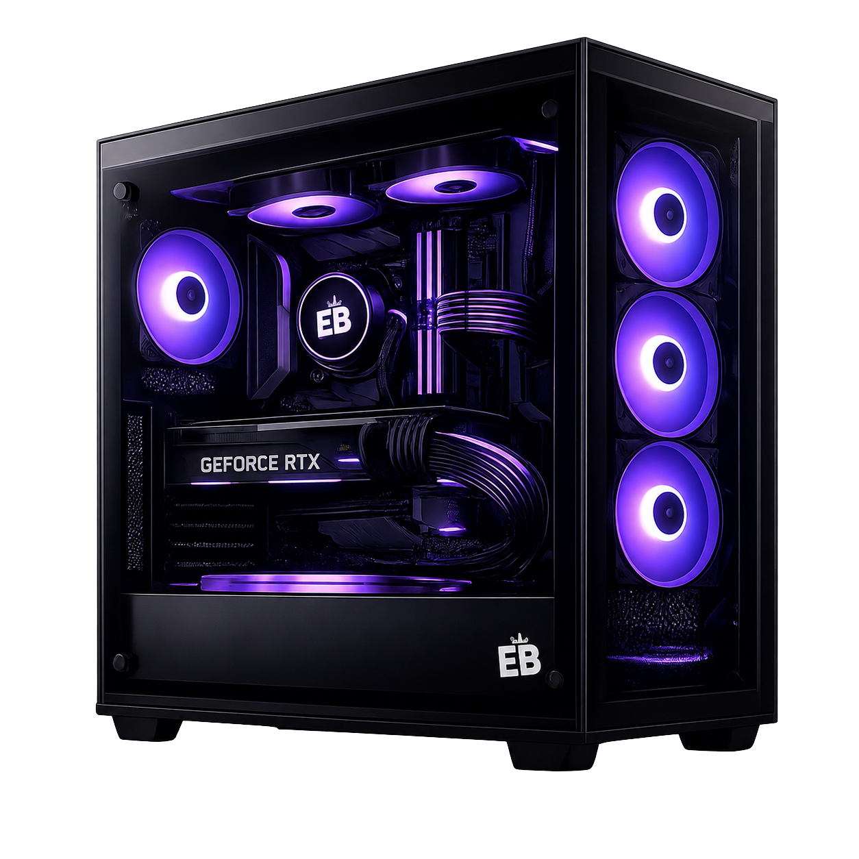 Premium custom PC build with purple and blue RGB lighting