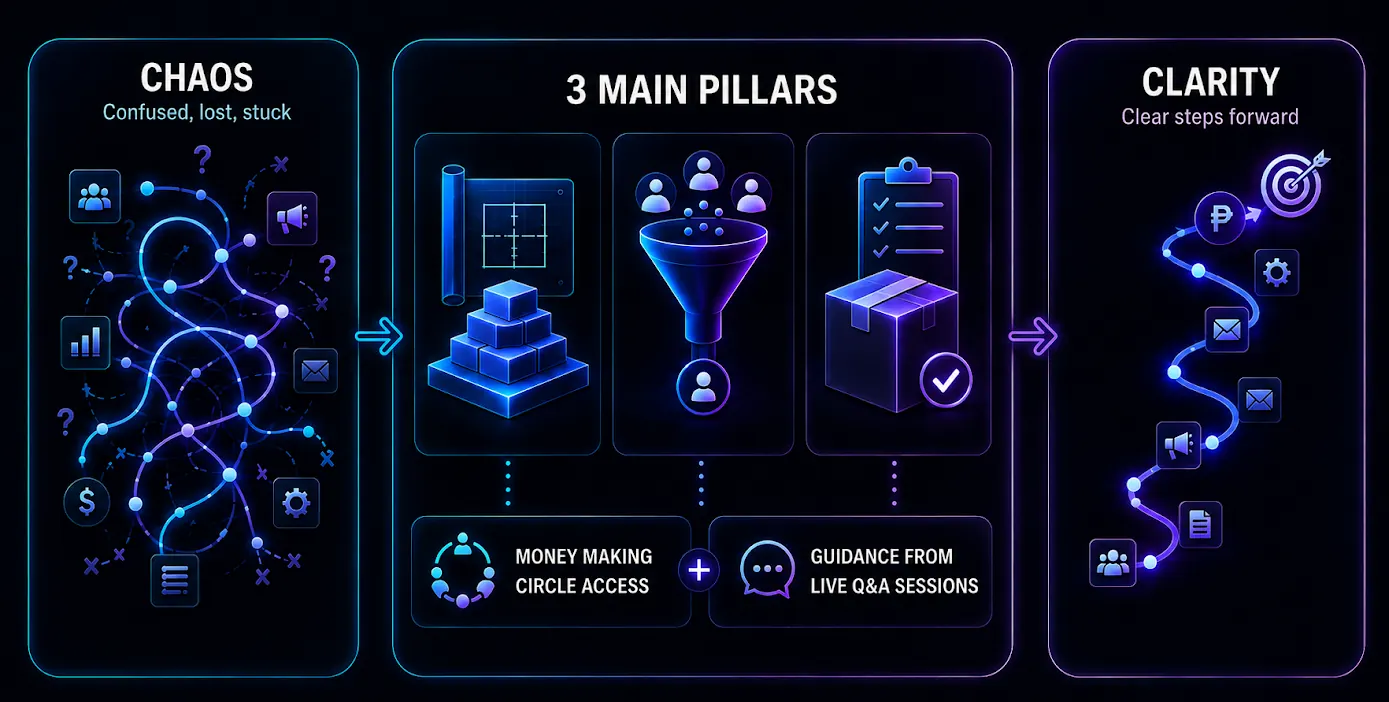 From chaos to clarity using the 3 Main Pillars, Money Making Circle, and Live Q and A