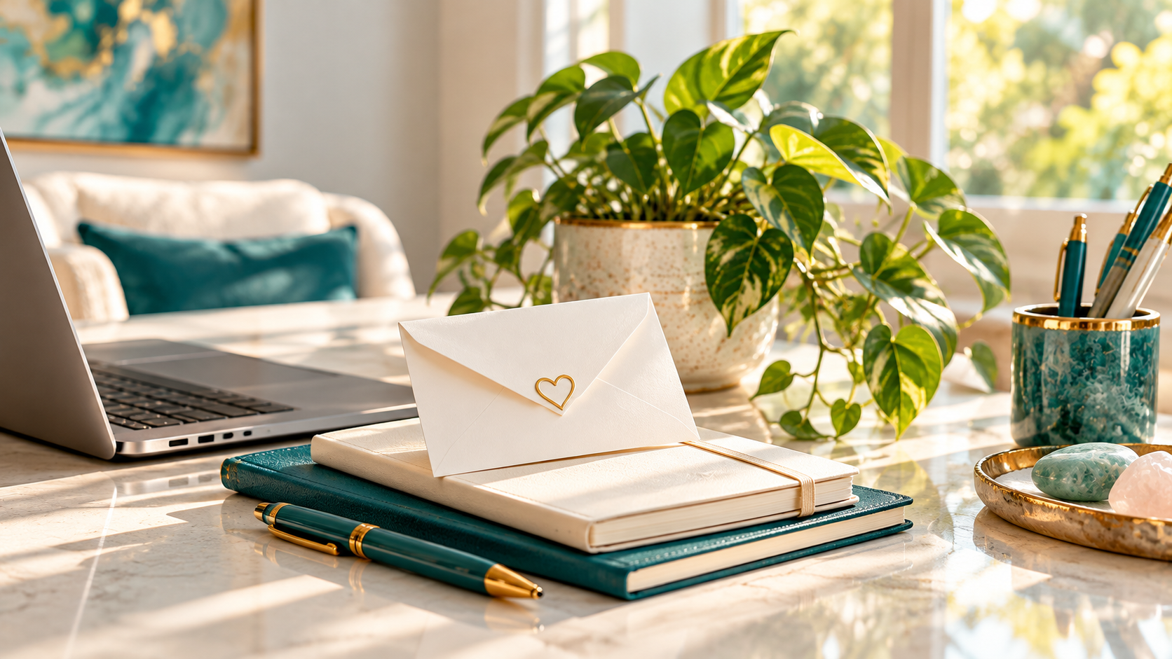 Welcoming workspace with a laptop, envelope, and teal stationery.