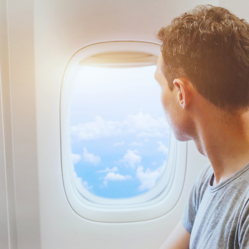 Calm passenger looking out of a plane window