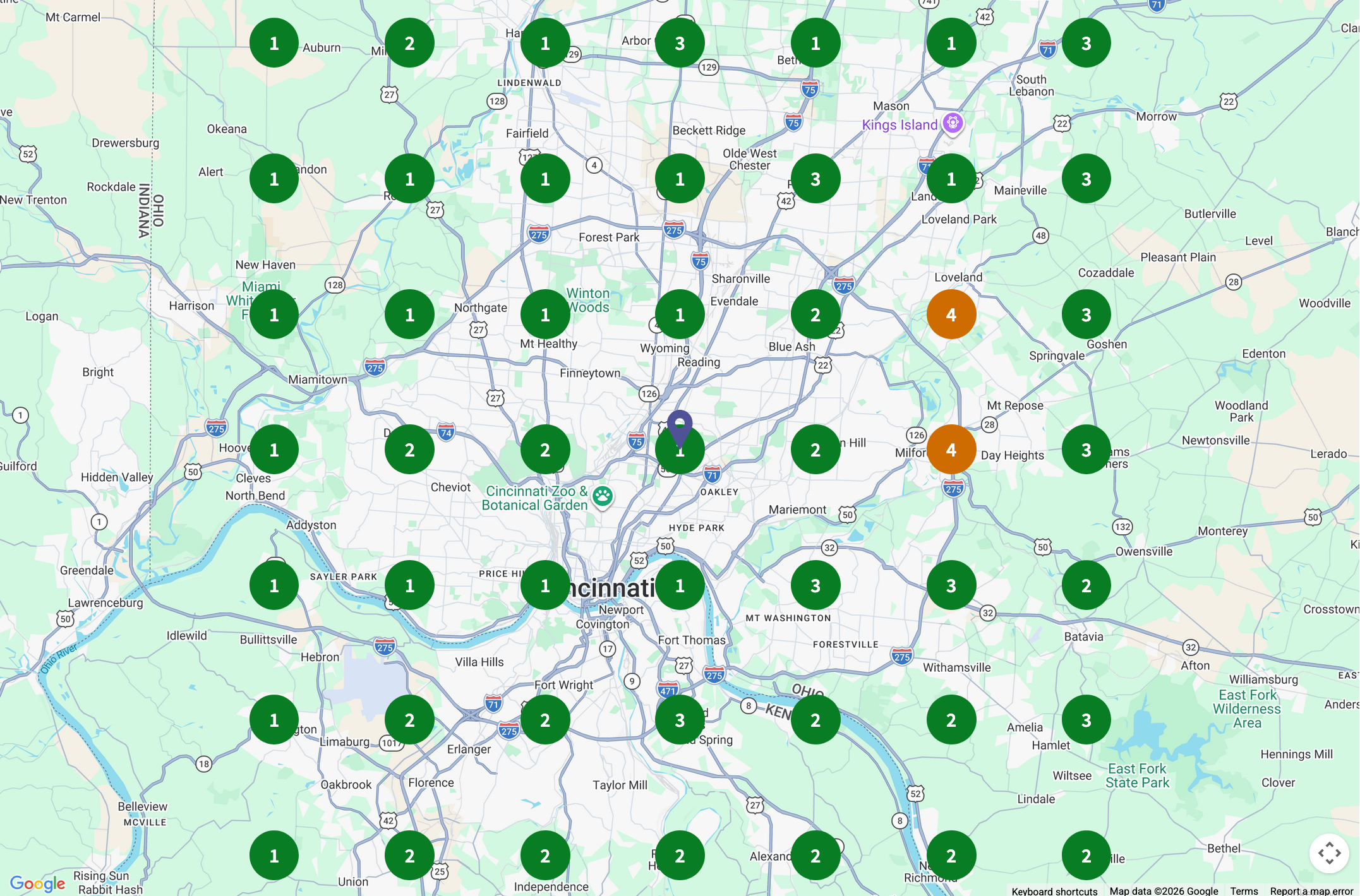 Advantage Roofing geo-grid after: green dots ranking in the top three across Cincinnati