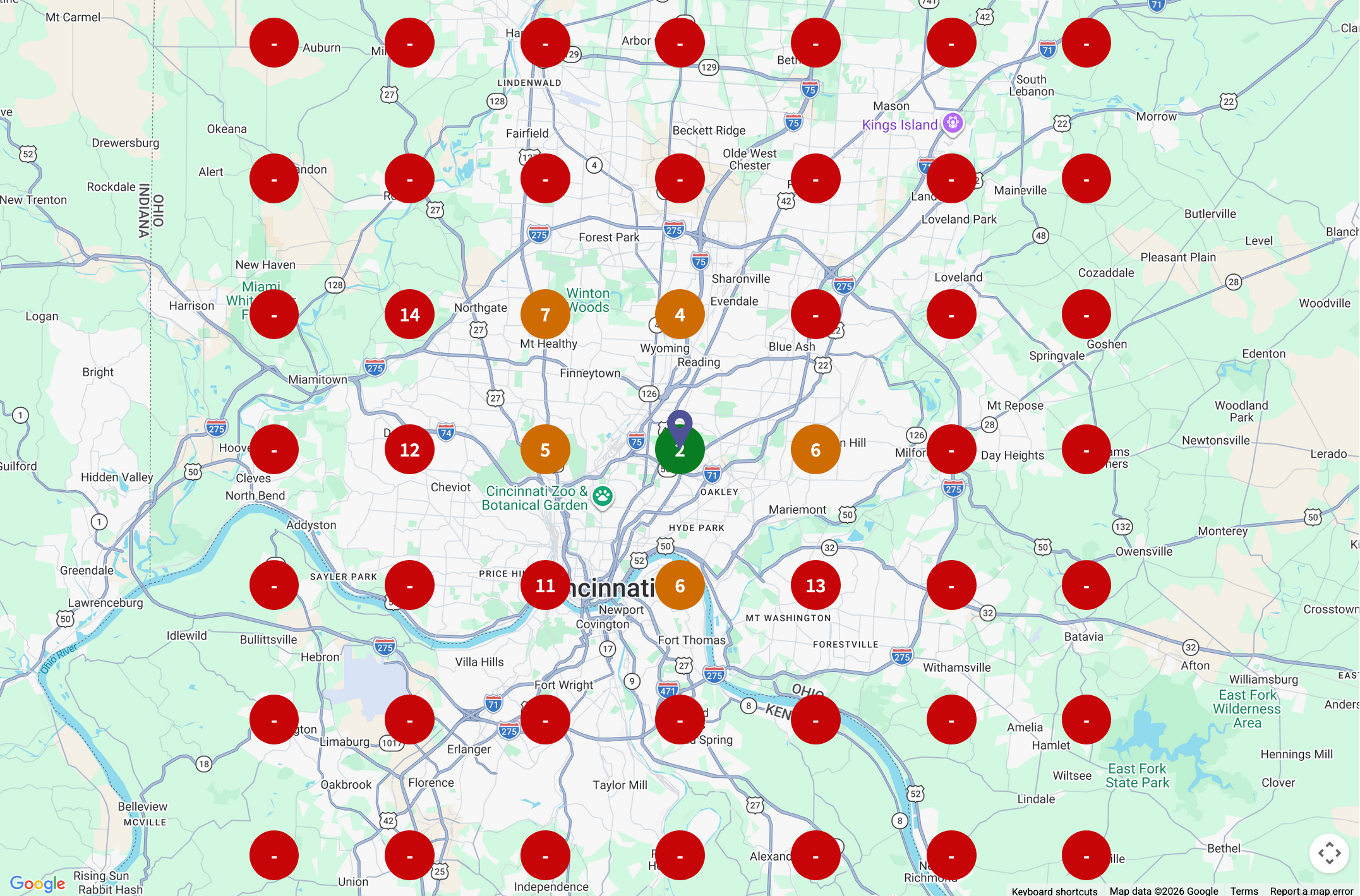 Advantage Roofing geo-grid before: mostly red dots across Cincinnati, not ranking in most of the city
