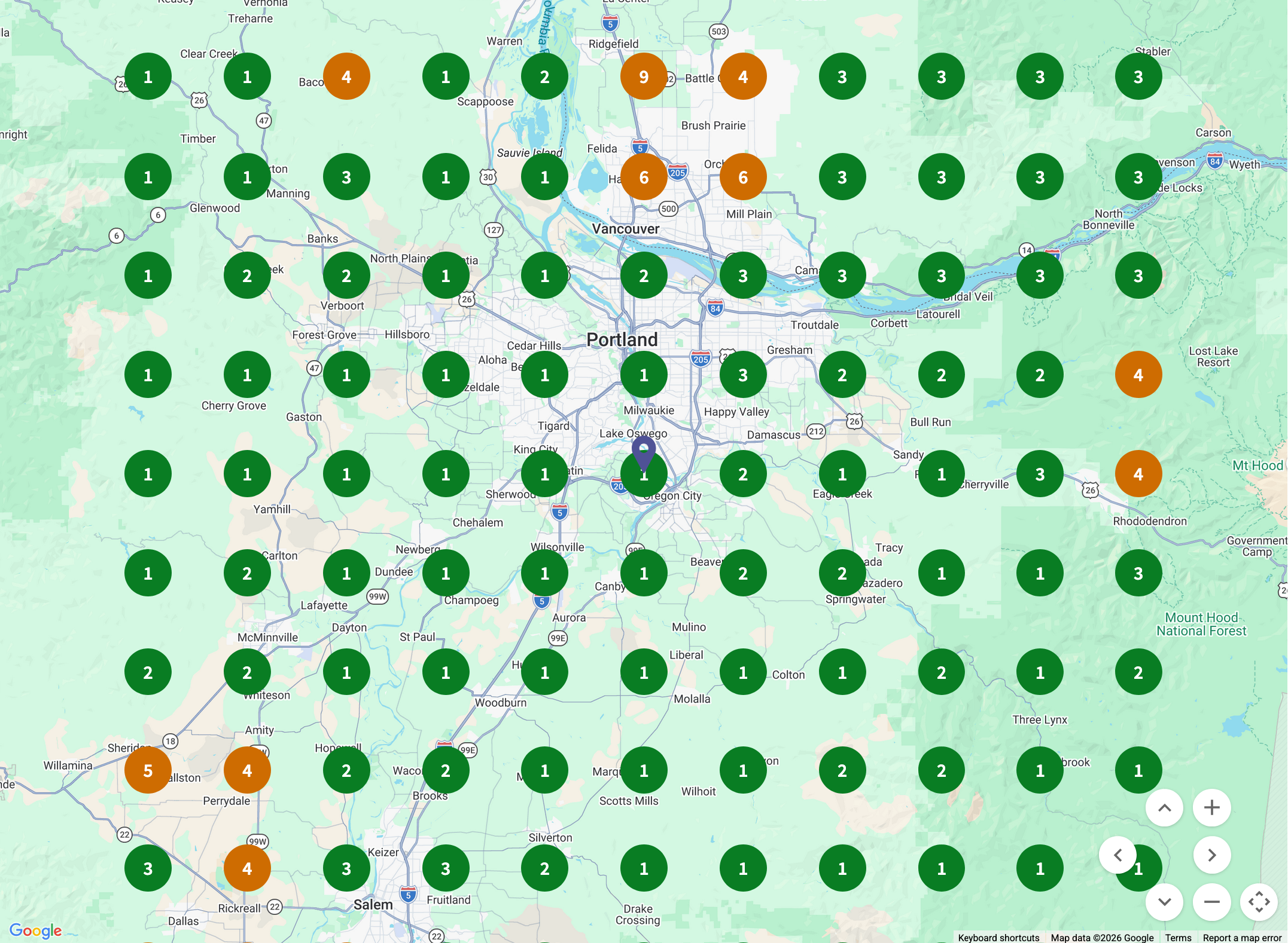 Adrette geo-grid across the Portland area after optimization, mostly green top-three rankings