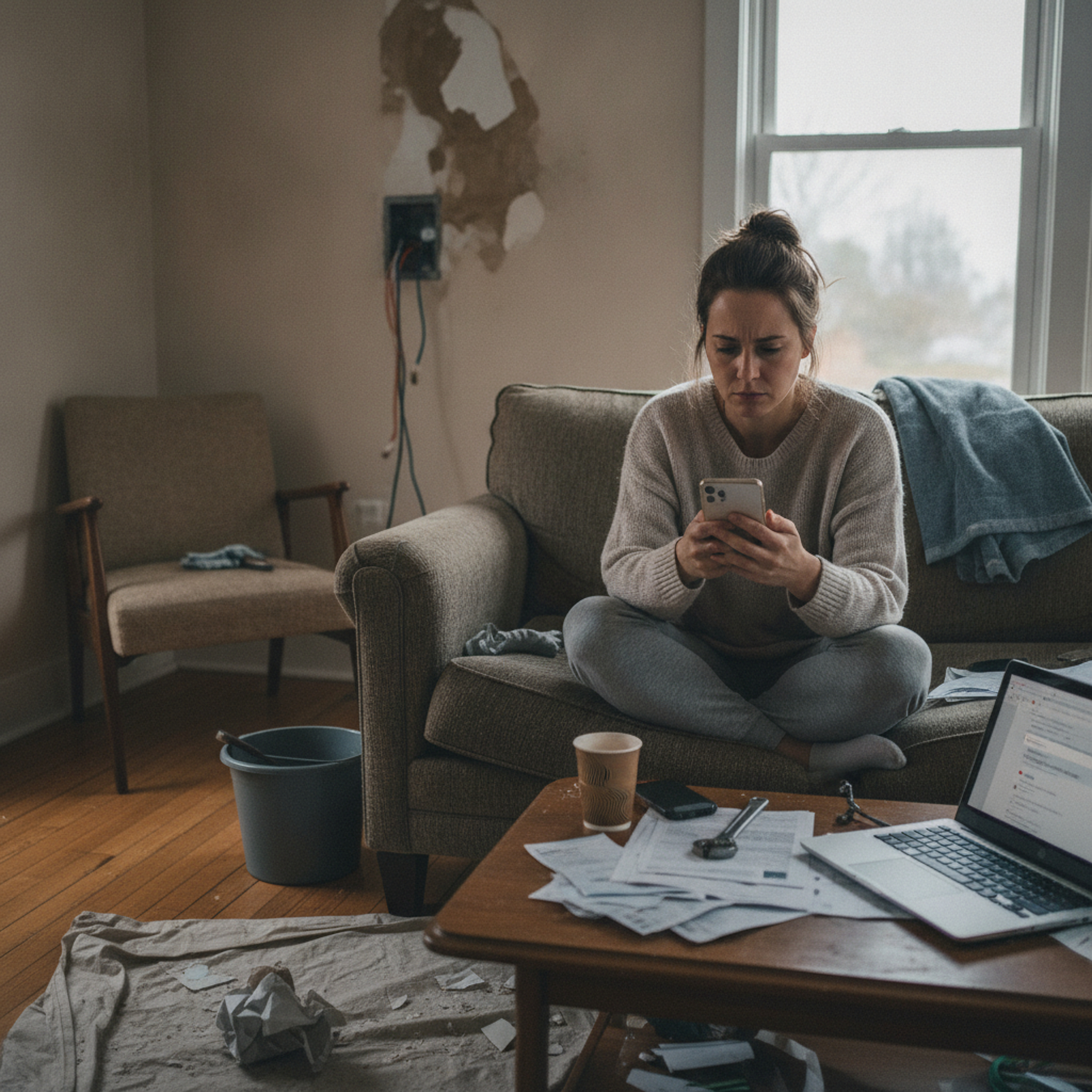 A homeowner sitting on her couch searching her phone for help, with a water-stained wall and a bucket catching a leak behind her