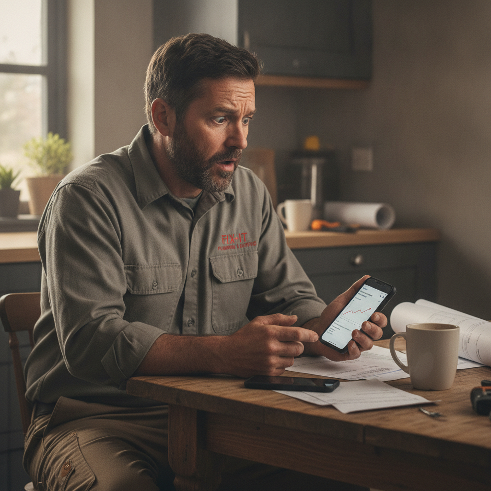 A contractor at his kitchen table looking at website traffic on his phone, puzzled that the calls aren't coming in