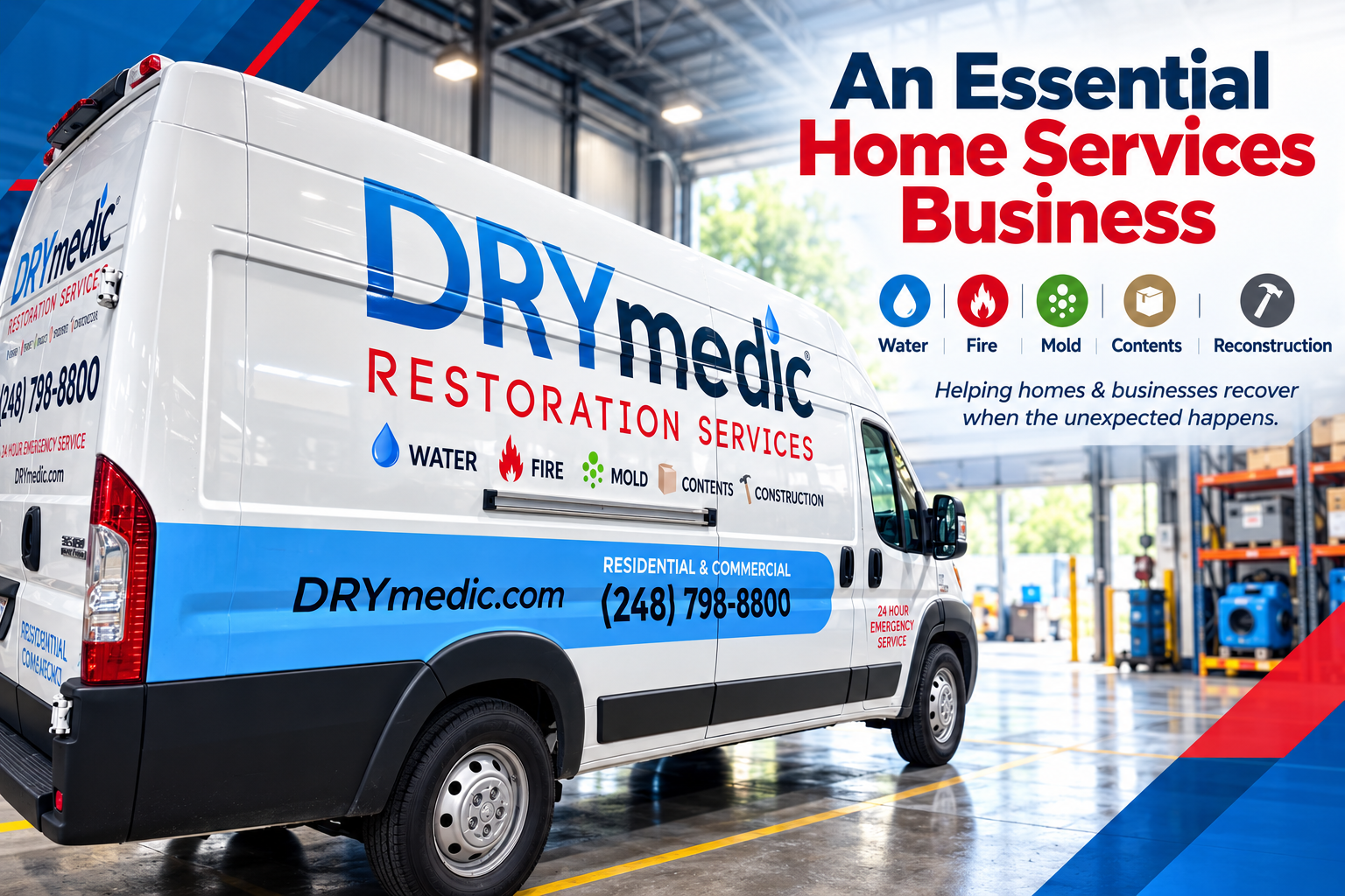 The Drymedic van, which carries all equipment and tools necessary for performing the restorations services at the customer site. 
