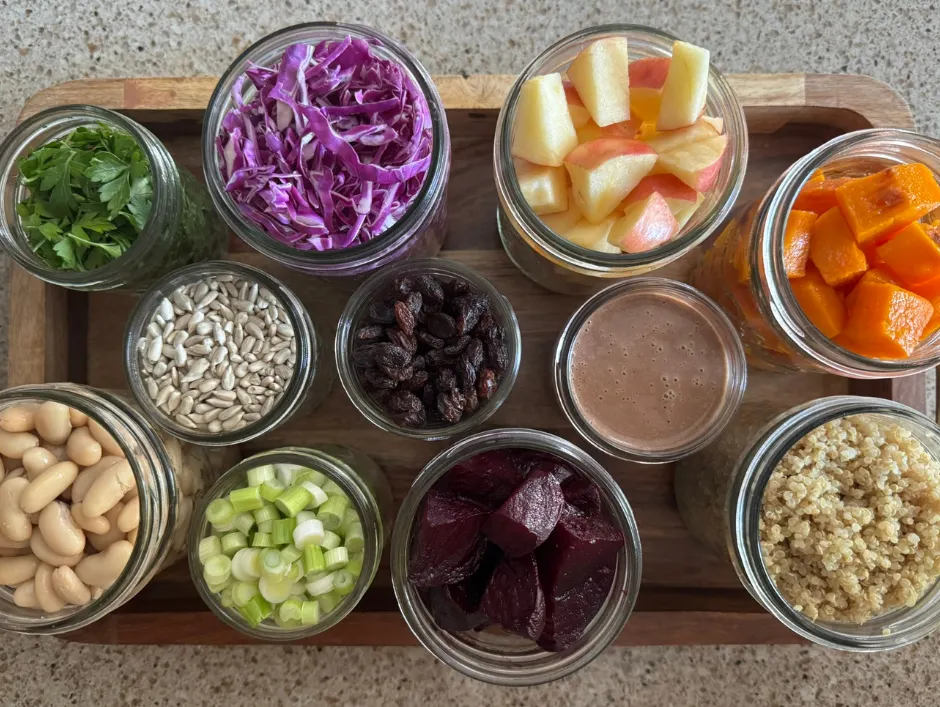 Prep jars filled with ingredients for the Winter Harvest Bowl, including roasted vegetables, quinoa, beans, cabbage, and dressing ready for the week