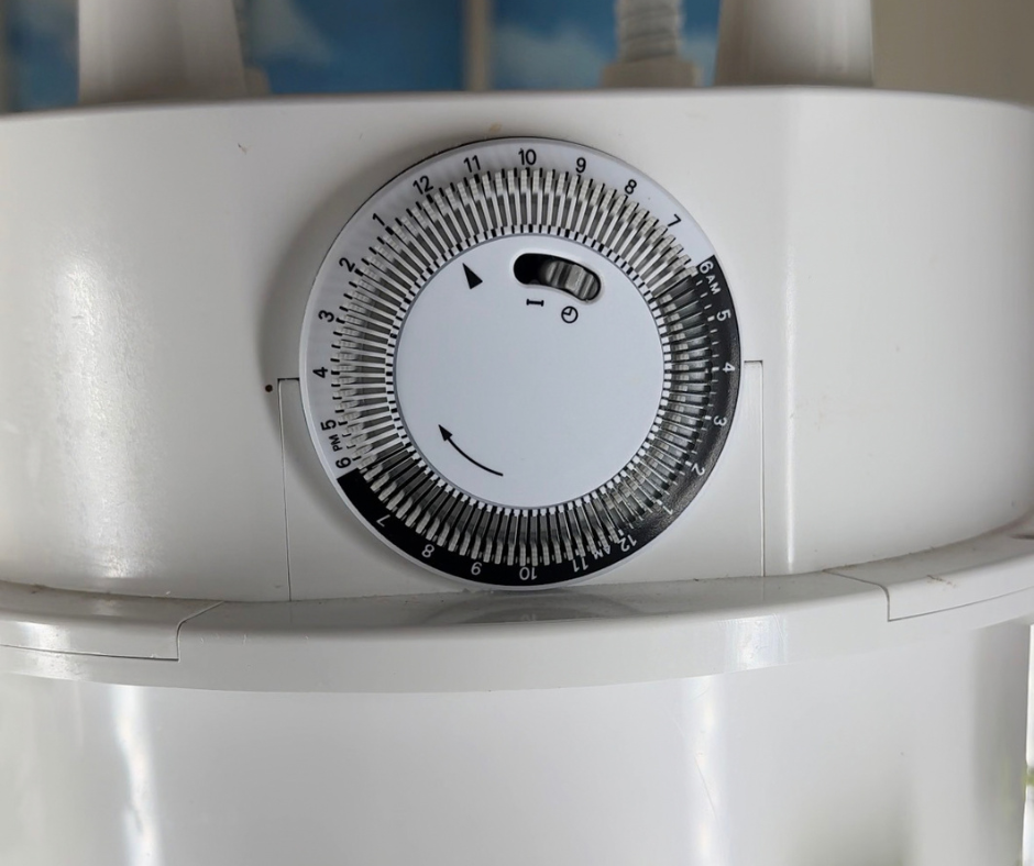 Tower Garden grow light timer set for an 18-hour lighting schedule Tower Garden grow light timer set for an 18-hour lighting schedule