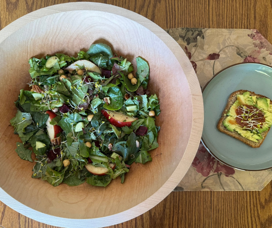 Pear and Beet Garden Bowl with Balsamic Tahini Dressing served with avocado toast