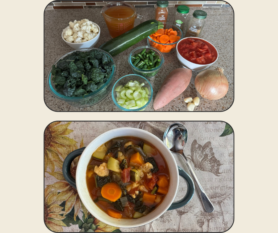 Bowl of hearty garden vegetable soup with kale, green beans, zucchini, and other vegetables