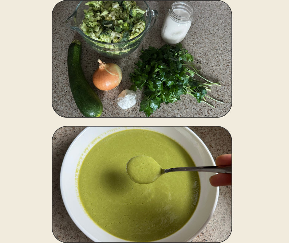 Fresh onion, garlic, broccoli, zucchini, and herbs shown above a bowl of creamy green broccoli herb soup