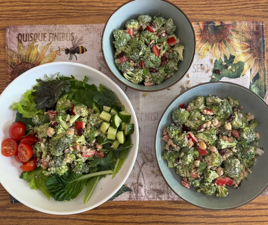 Three ways to enjoy a creamy plant-based broccoli quinoa salad: a broccoli salad side dish, a broccoli quinoa meal-prep salad, and a leafy salad bowl.
