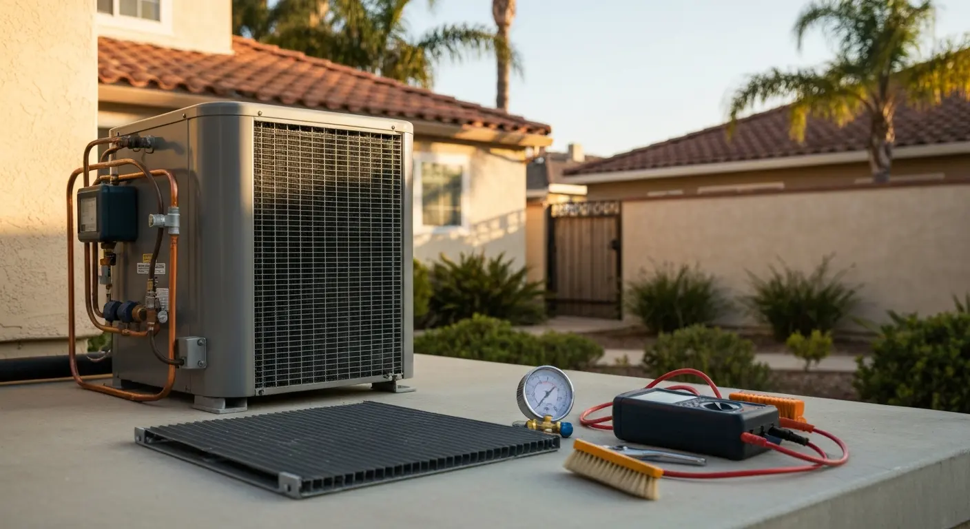 Technician inspecting outdoor mini-split compressor unit