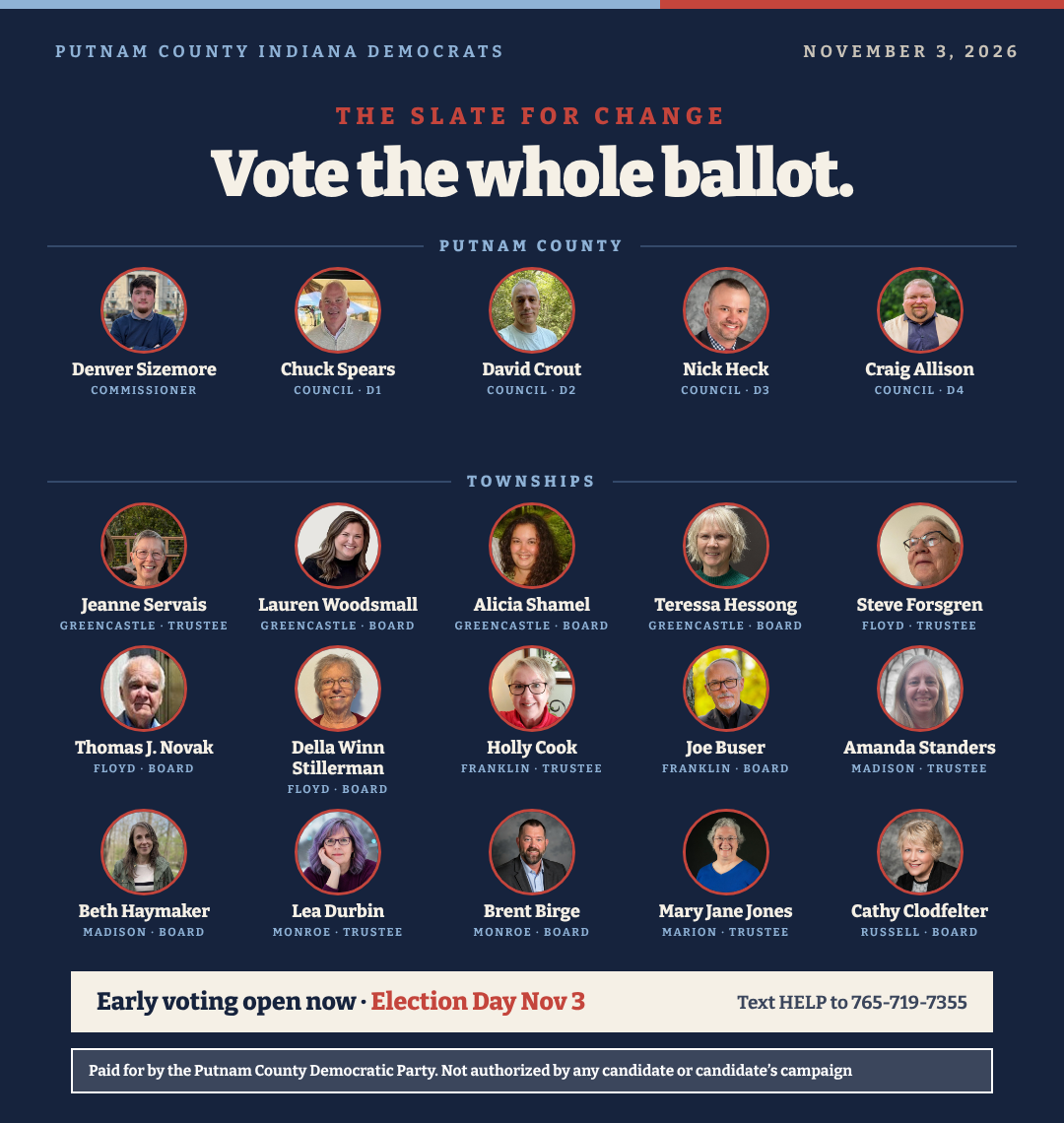 The Slate for Change, Putnam County, November 3, 2026 &mdash; 20 local Democratic candidates for county and township office, with photos, names and the office each is running for.