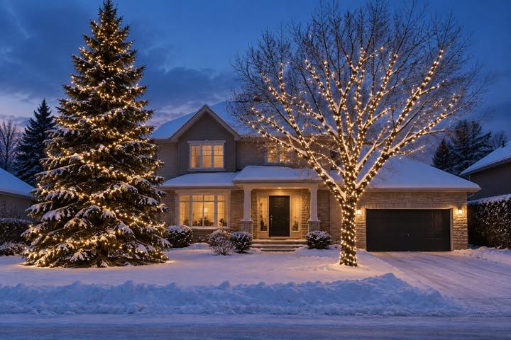 Arbres enrubannés de lumières blanc chaud : image générée.