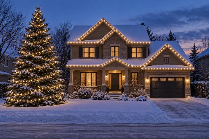 Maison et arbre illuminés pour Noël : image d’inspiration générée.