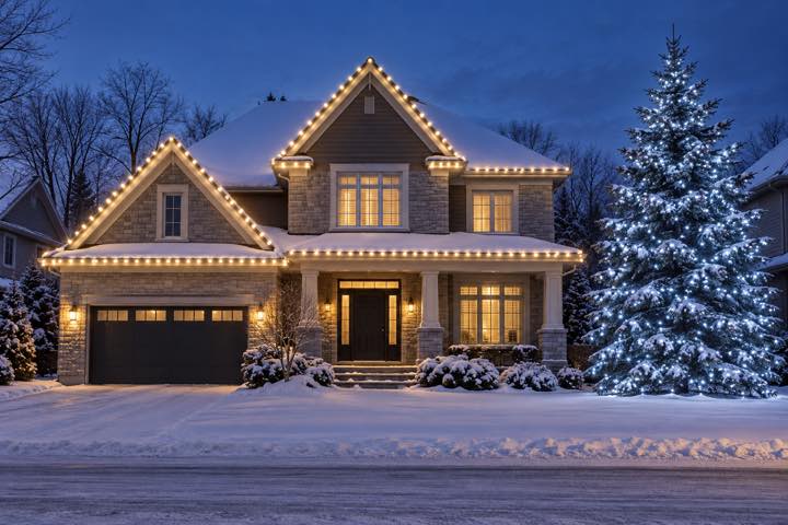 Blanc chaud sur la maison et blanc froid sur l’arbre : image générée.