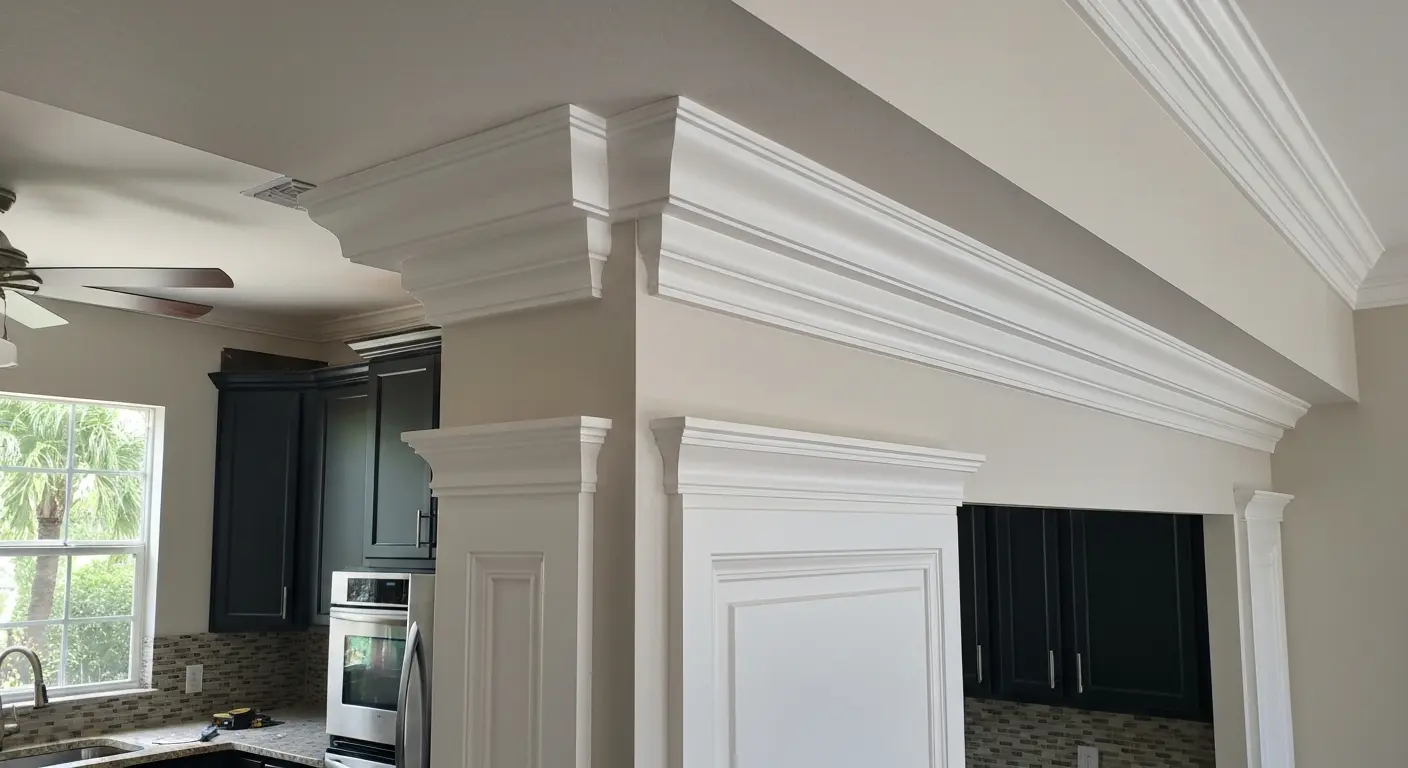 Custom trim and crown molding installation in Coral Springs kitchen