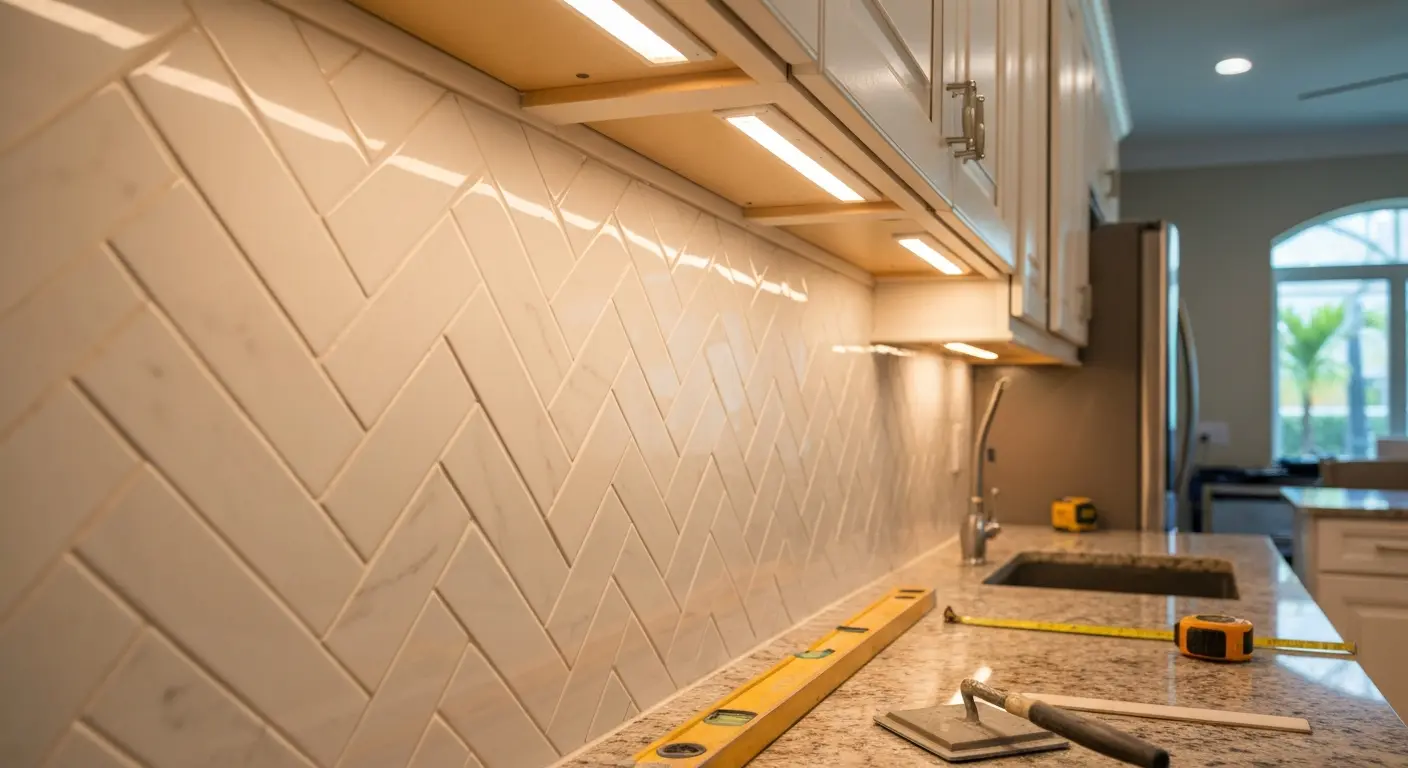 Backsplash installation in kitchen