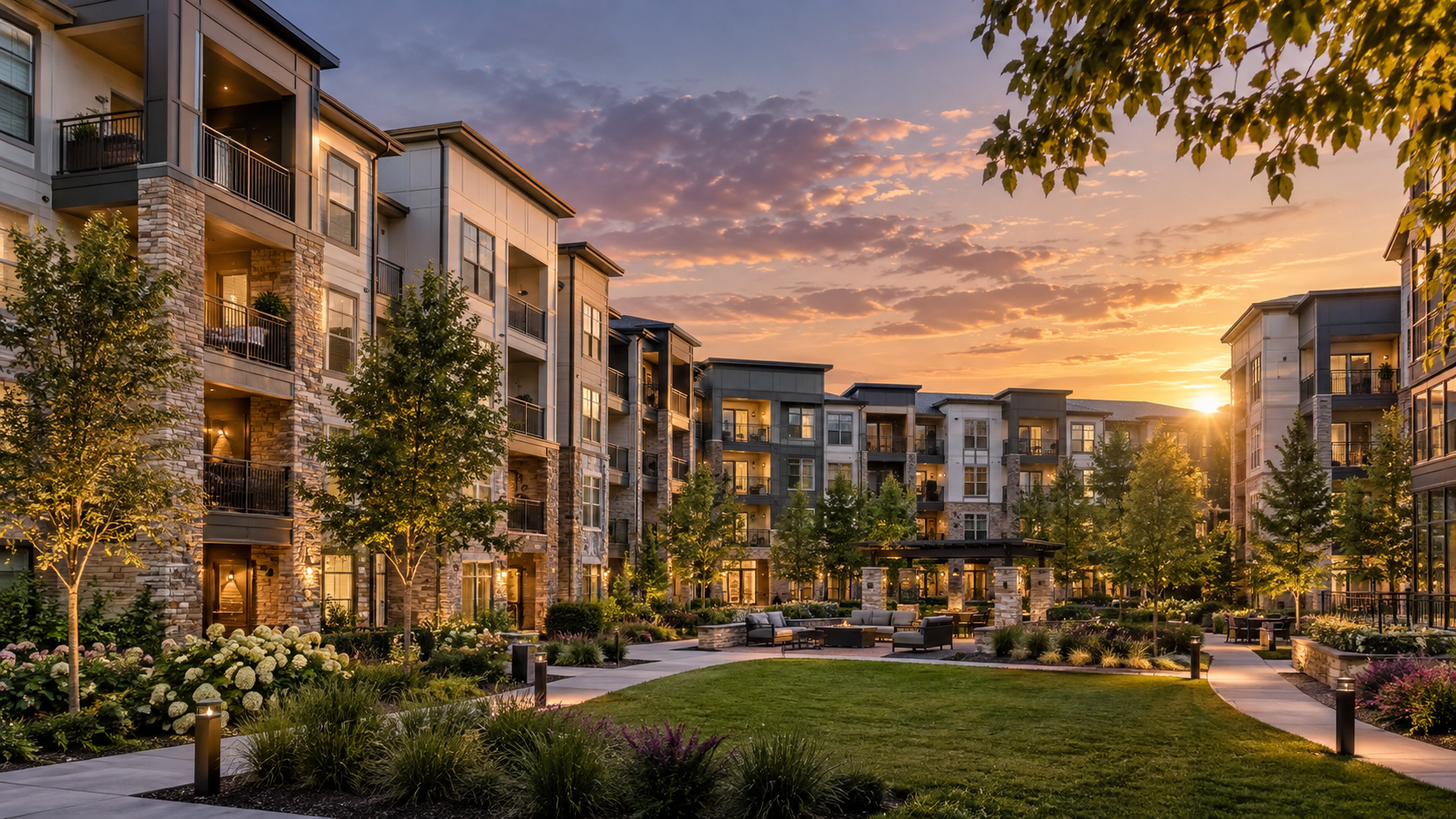 Modern multifamily apartment community at sunset