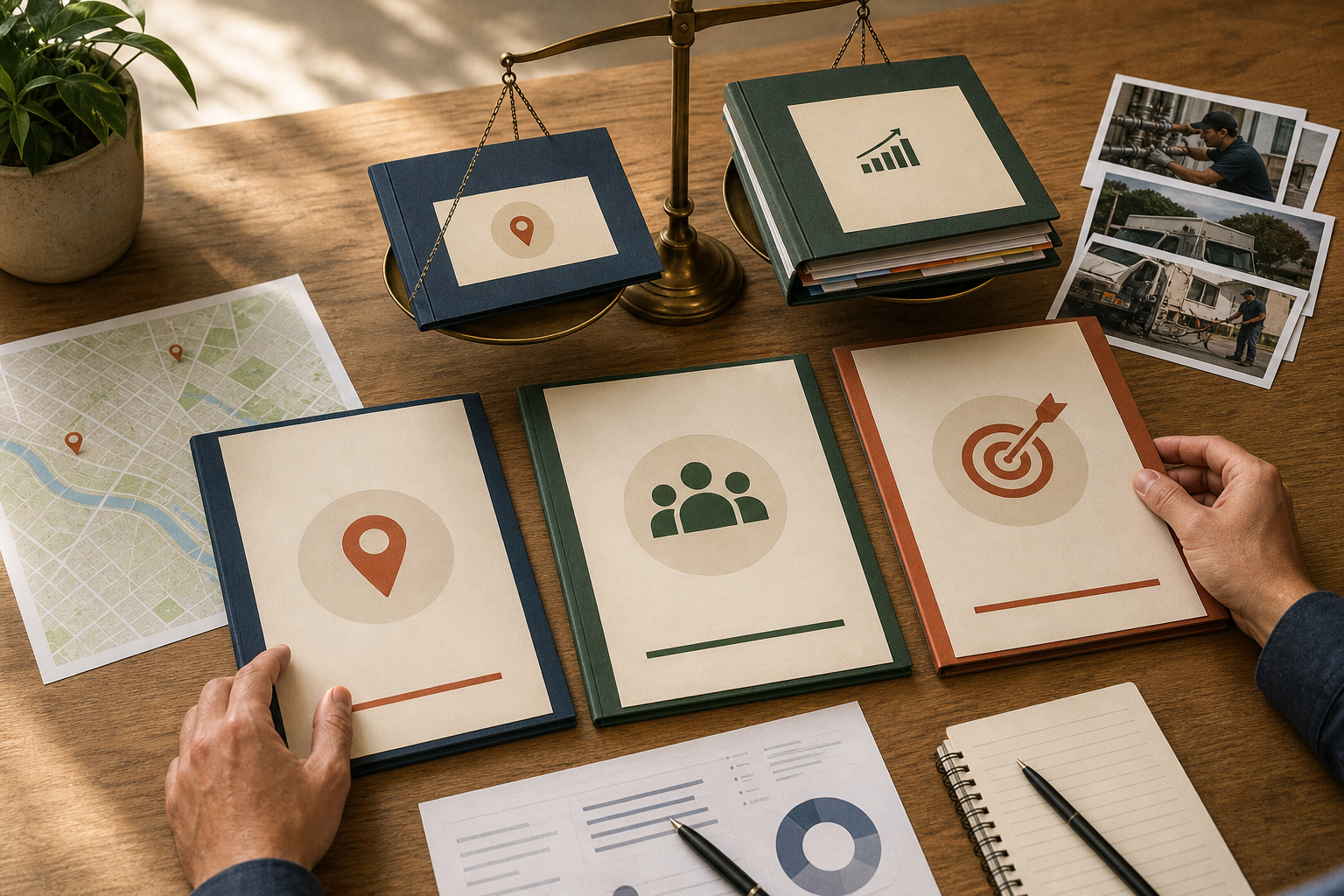 Local service business owner comparing marketing proposals by scope and evidence