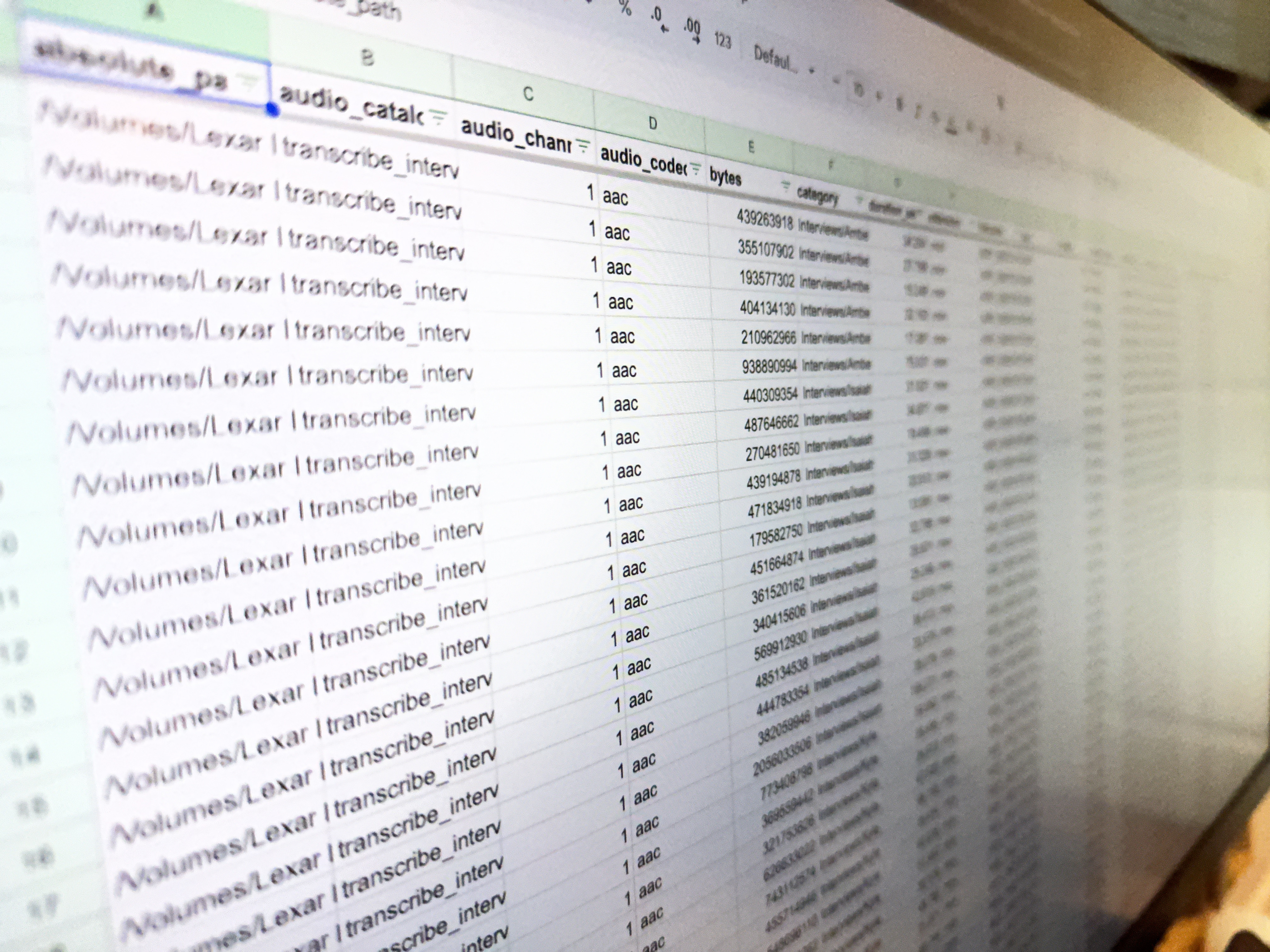 Video Clip catalog spreadsheet