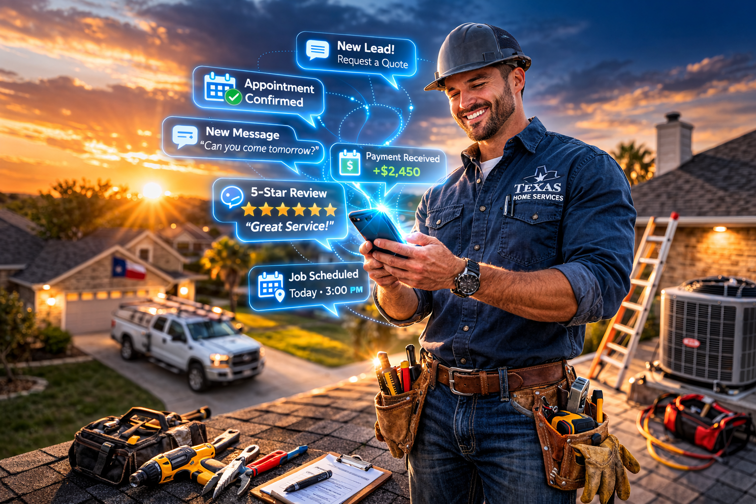 A home services contractor on a rooftop at sunset reviews AI-powered SMS notifications on his phone, including a new lead request, appointment confirmation, and customer reply. A home services contractor on a rooftop at sunset reviews AI-powered SMS notifications on his phone, including a new lead request, appointment confirmation, and customer reply.