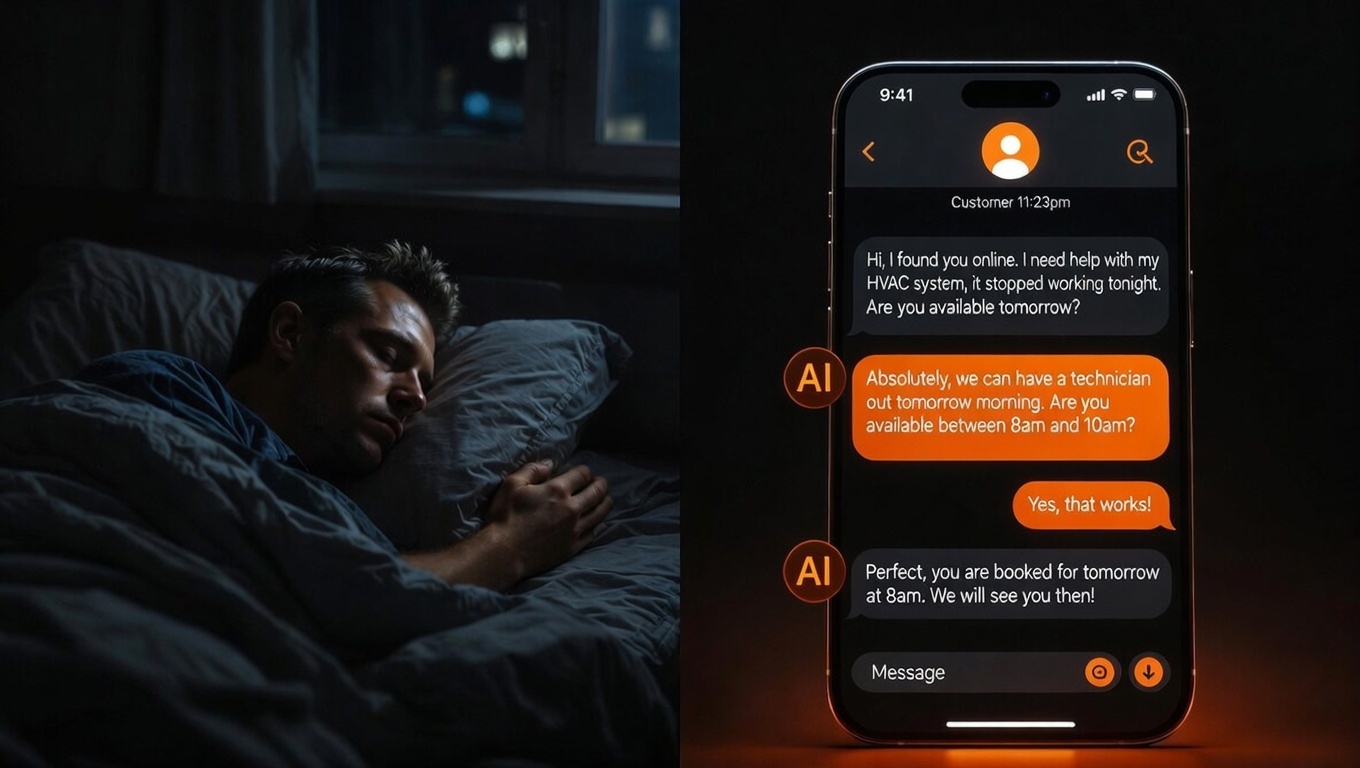Business owner sleeping while an AI chatbot automatically responds to a late-night HVAC service request and books a morning appointment via SMS