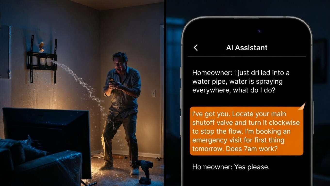 A panicked homeowner deals with a burst pipe while an AI assistant SMS conversation on his phone provides immediate guidance and books an emergency plumbing visit for the next morning. A panicked homeowner deals with a burst pipe while an AI assistant SMS conversation on his phone provides immediate guidance and books an emergency plumbing visit for the next morning.