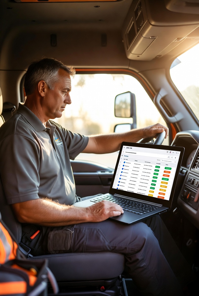Photo of contractor sitting in truck reviewing his database of leads in his CRM Photo of contractor sitting in truck reviewing his database of leads in his CRM