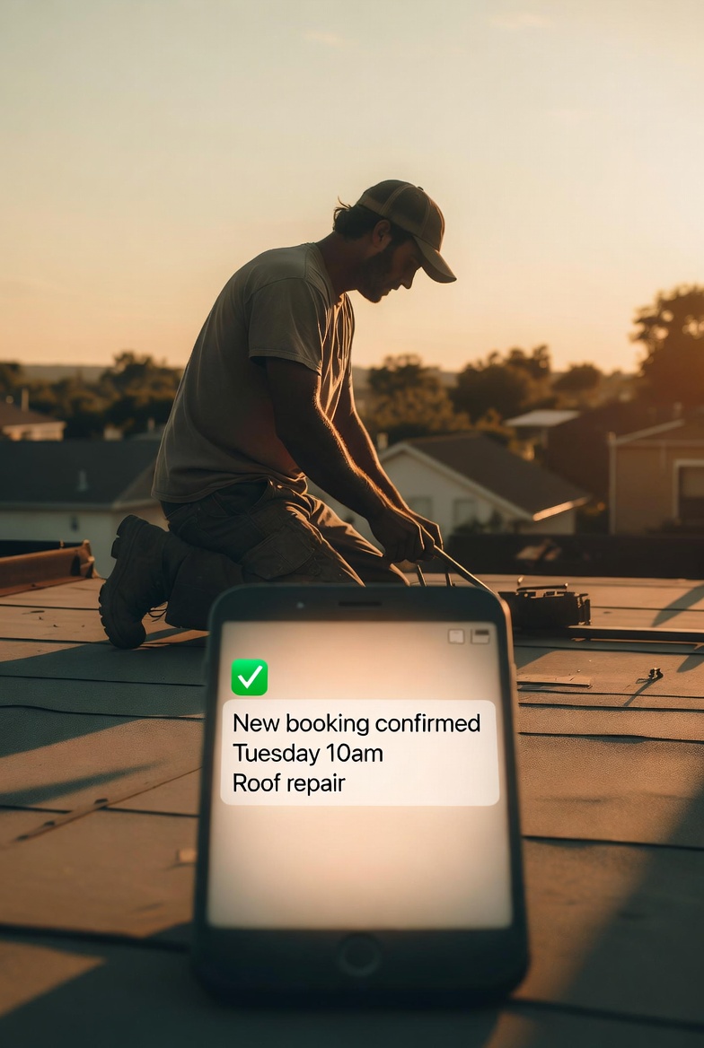 Roofing contractor hard at work, while his AI infrastructure handles customer qualification and scheduling.