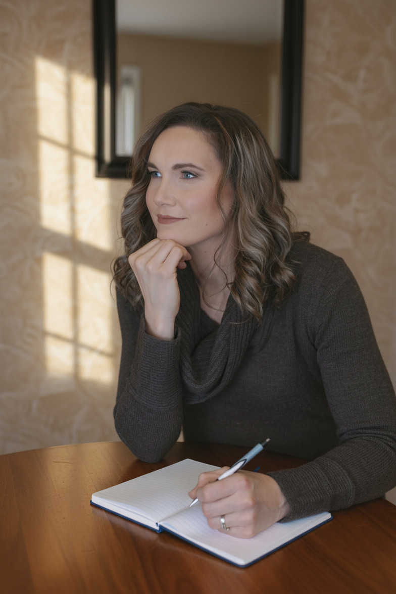 Linda Bartholme writing in a journal, reflecting on leadership growth and a client's career development journey.