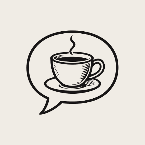 Speech bubble with a coffee cup icon, inviting you to book a casual virtual coffee chat with Linda.